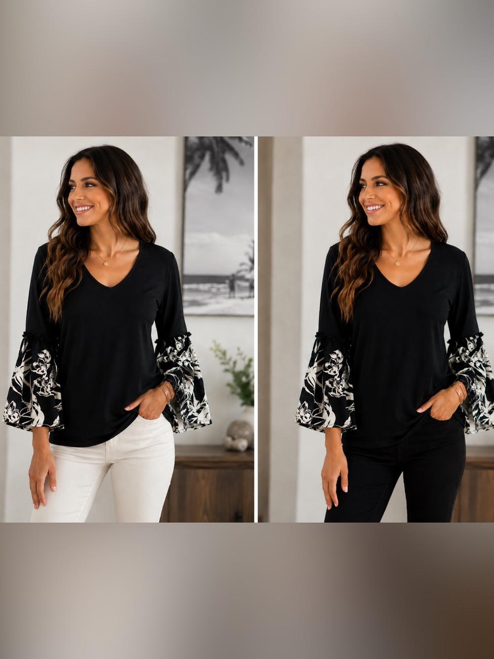 Billabong Navy V-Neck Top with White Floral Bell Sleeves